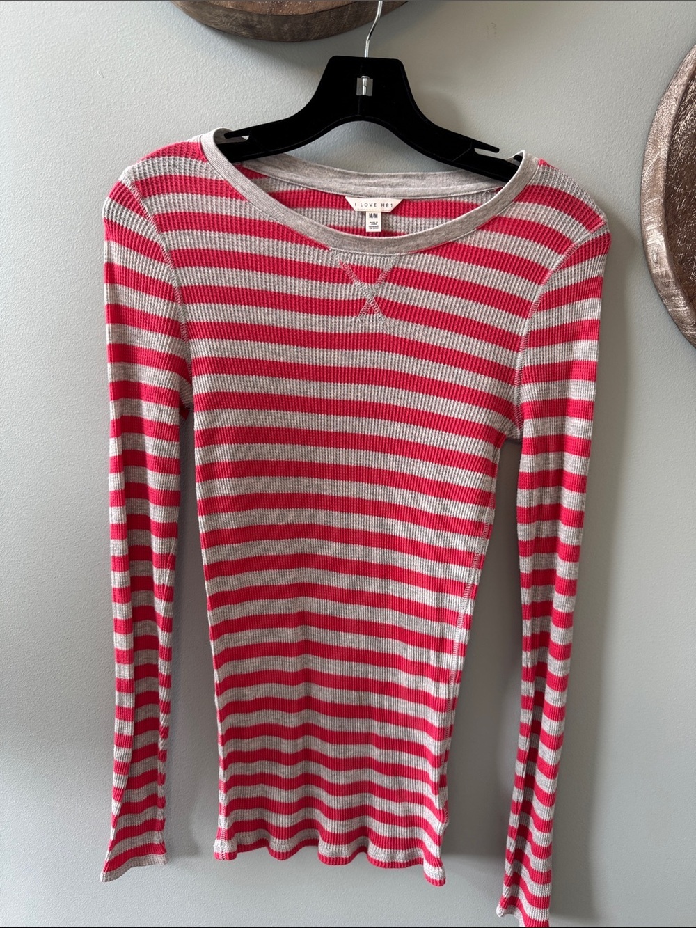 I LOVE H81 by Forever 21 Pink and Light Gray Striped Long Sleeve Thermal size M